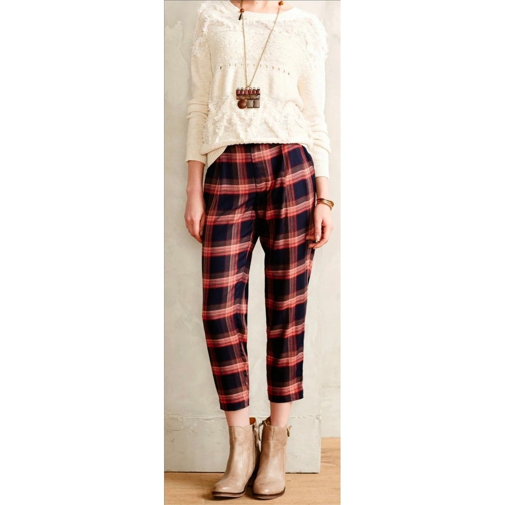 Cartonnier Anthropologie Plaid Ankle Zip Trousers Red Navy Size 2 Tapered Pants - Picture 8 of 16